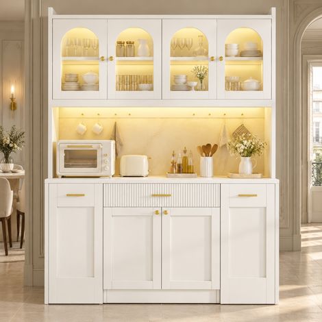 Mueble de cocina alto 120 cm con LED RGB, vitrinas de cristal y cajones, blanco DESVIAE (1/5)