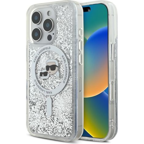 Custodia rigida trasparente con glitter liquido Karl Lagerfeld KLHMP16XLGKCSGH per iPhone 16 Pro Max 6.9" con testa Karl&Choupette e Magsafe.