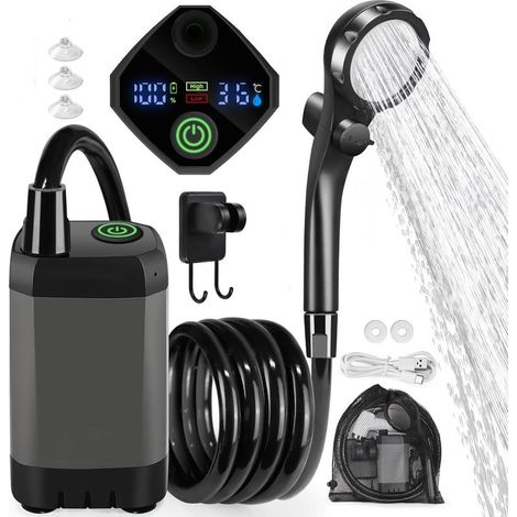 Douche portable pour le camping, pompe de douche rechargeable 6000 mAh avec affichage LED intelligent pour la randonnée, les voyages, la voiture et les animaux de compagnie. (1/5)