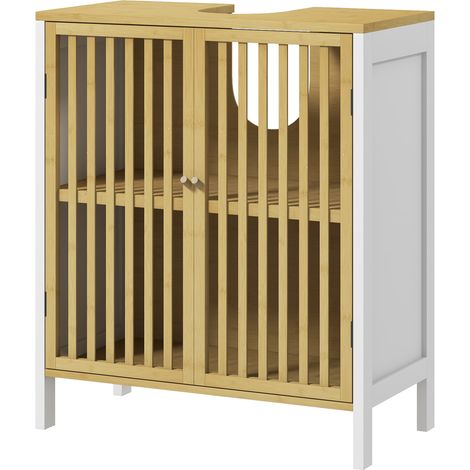 Meuble vasque deux portes avec étagère réglable et caisson sous-vasque, 60 x 30 x 70 cm, MDF et bambou