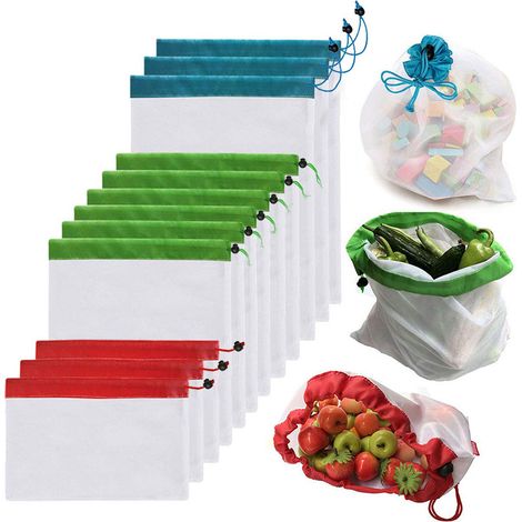 12 wiederverwendbare Netzbeutel mit verstellbarem Kordelzug für Lebensmittel, Obst und Gemüse Lebensmittelaufbewahrungsnetz aus Polyester (1/5)