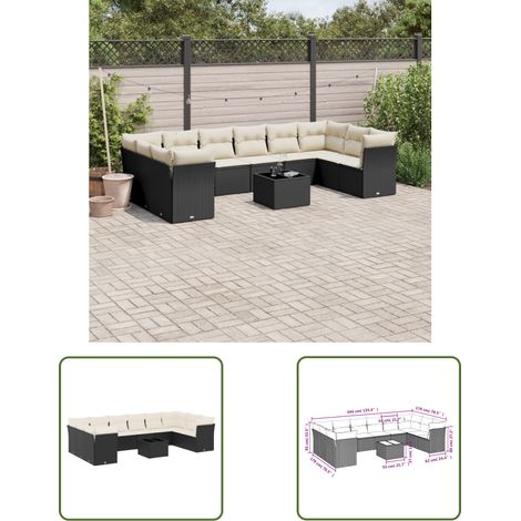 The Living Store 11-tlg. Garten-Sofagarnitur mit Kissen Schwarz Poly Rattan - Gartenmöbel Set - PE-Rattan Möbel - Outdoor Sofa - Esstisch - Lounge Set (1/3)