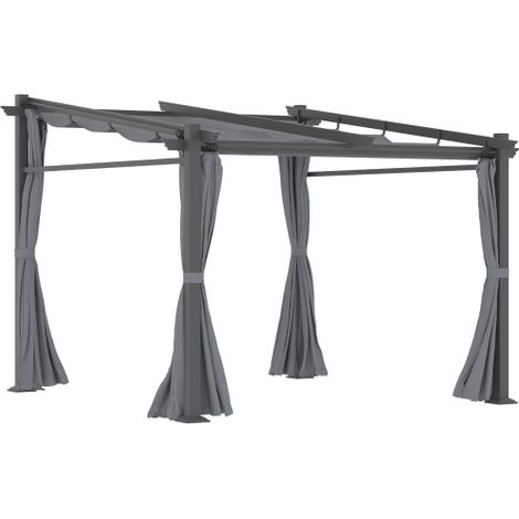 Pergola de 2,97 × 2,95 m avec auvent imperméable, toit et panneaux latéraux pour ombrage, ainsi que couverture terrasse, en polyester gris foncé, installation sur site.