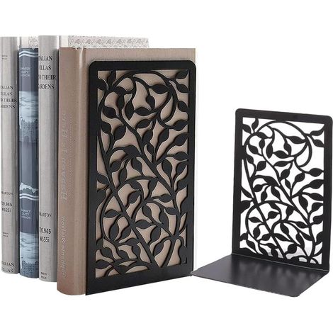 Serre-livres en métal noir, résistants aux rayures, pour bureau, maison, école, CD, librairie et bibliothèque, 1 paire (lierre noir) (1/5)