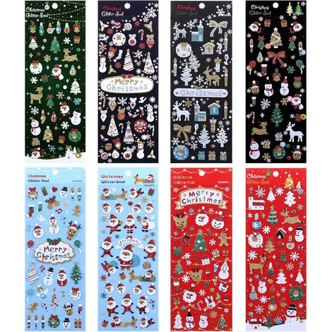 Autocollants Noël, Kit de 8 Feuilles Gommettes Fenetre Noël, Décoration Stickers Brillant Loisir Créatif DIY pour Enfant Scrapbooking Cadeau (1/5)