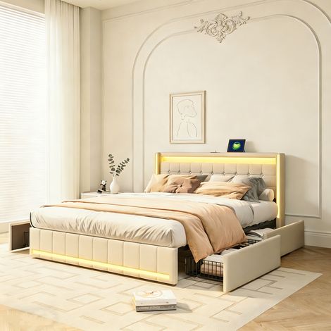 Lit double 140x190 cm avec 4 tiroirs et LED, tête de lit avec USB, sommier Inclus, lit adulte 140x190 cm, tissu en lin, beige