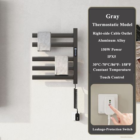 Elektrischer Handtuchwärmer, Wandmontage, Badezimmer-Handtuchhalter, Spa-Handtuchwärmer für Küche oder Friseursalon, Touch-Bedienung, Temperaturregelung, Timer, Grau (1/3)