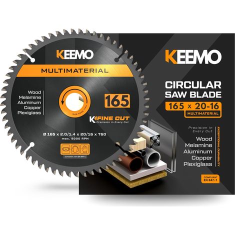Lame Scie Circulaire 165 mm Multimateriaux  Coupe fine 2,0 mm  Anti‑vibration & Silencieuse  Bois, stratifiés, pvc & plastiques, alu fin  Bague 20→16 mm incluse  Coupe fine et nette (1/5)