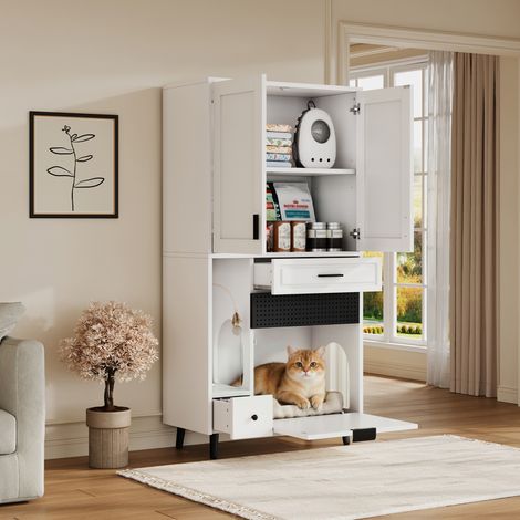 Armario para gatos 80x40x161 cm blanco en madera de ingeniería con estantes ajustables, cajones y espacio de descanso (1/5)