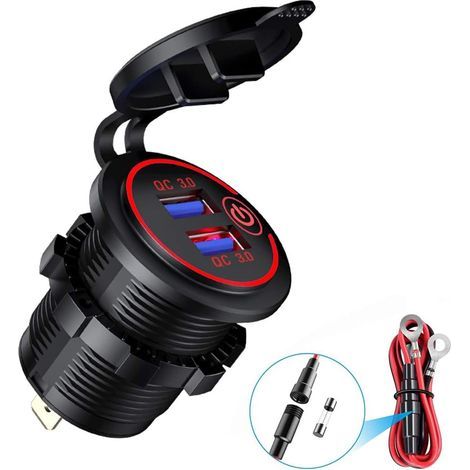 AIDUCHO QC 3.0 USB-Ladegerät für Motorräder, wasserdichte 12V/24V-USB-Buchse mit Schalter und LED, für Autos, Motorräder, Busse, Anhänger, Boote, Rot (1/5)