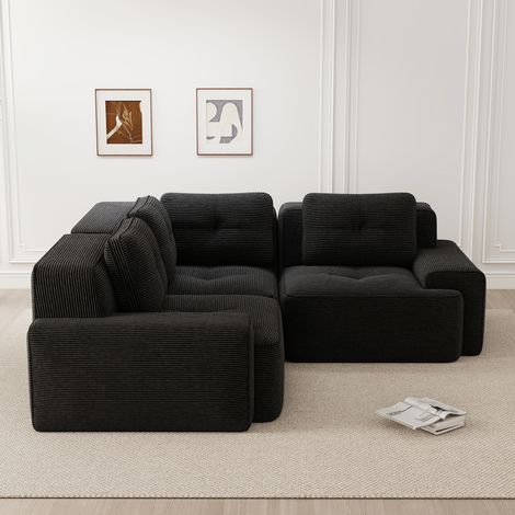 Divano angolare modulare in corduroy nero, seduta profonda 74 cm, senza montaggio (1/5)