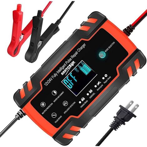 Automatic smart 12V / 24V 8A battery charger/maintainer with pulse repair charger and LCD display, suitable for golf buggies, motorbikes, cars and marine vehicles (1/5)