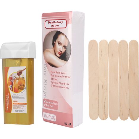 Kit dépilatoire 100g cire + 100 feuilles de dépilation + 5 spatules en bois, miel (1/5)
