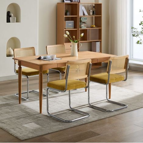 Sedia da pranzo cantilever in velluto oro con schienale in rattan intrecciato,59×47×81cm (1/5)