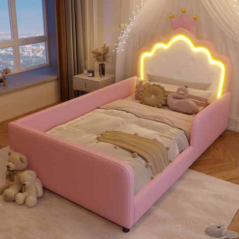 Lit enfant rembourré 90x190cm avec éclairage LED,tête de lit en forme de couronne et barrières de sécurité,PU rose,sans matelas (1/5)