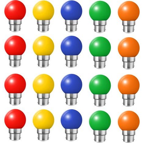 Packung mit 20 B22-Farb-LED-Lampen, 2-W-Bajonettlampen, Rot, Gelb, Orange, Grün, Blau, bruchsicher (entspricht 20 W) (1/5)