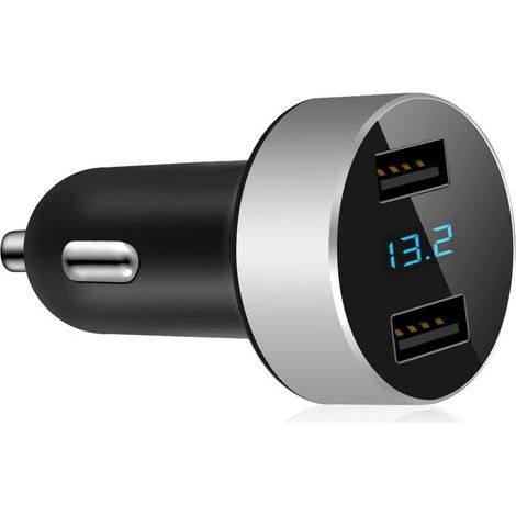Dual-USB-Kfz-Ladegerät, 4,8 A Ausgangsleistung, Voltmeter für Zigarettenanzünder, kompatibel mit Apple iPhone, iPad, Samsung Galaxy, LG, Google Nexus und anderen USB-Ladegeräten, Silber (1/5)