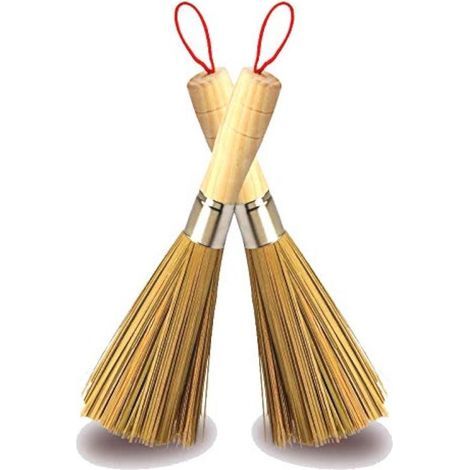 Lot de 2 brosses à wok en bambou pour le nettoyage - Ustensiles de cuisine durables et efficaces en bois (1/5)