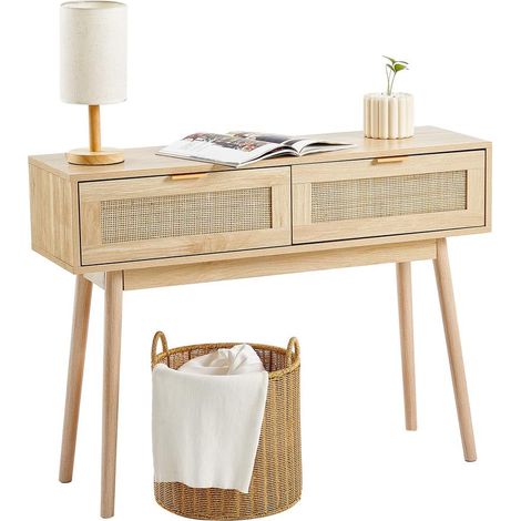 Table Console d'Entrée en Rotin Naturel avec 2 Tiroirs Porte Coulissante Rangement Salon Bureau 1000x300x745 mm (1/5)
