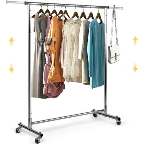 Portants, Portant a Vetements, Porte-Manteau, Penderie à Vêtement, Hauteur Réglable, Portant Penderie à Vêtement Télescopique, avec Roulettes,132 x 40 x 170 cm, Rotatif à 360°, Métal Chromé