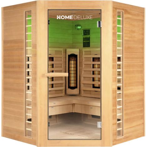 Home Deluxe – Sauna infrarouge 4 places – Dimensions 150 x 150 x 190 cm – 7 radiateurs à spectre complet – Bois de sapin Hemlock – Isolation thermique optimale
