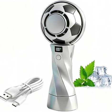 Fußball-Handventilator mit Sprühfunktion, Mini-Ventilator mit Sprühkühlung, 6 Geschwindigkeitsstufen, LED-Anzeige, bürstenloser Motor, Taschenventilator für die Weltmeisterschaft, Sport (Silber) (1/5)