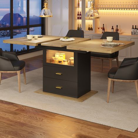 Table à manger rectangulaire 110×80×75 cm extensible - Convenant à 4-6 personnes, table de cuisine avec rangement, 2 tiroirs 1 porte, MDF, marron clair + noir (1/5)