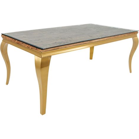 Esstisch VELENA – Rechteckig 200 cm – Teakholz, Glas und goldenes Stahl – Barock-Chic-Stil