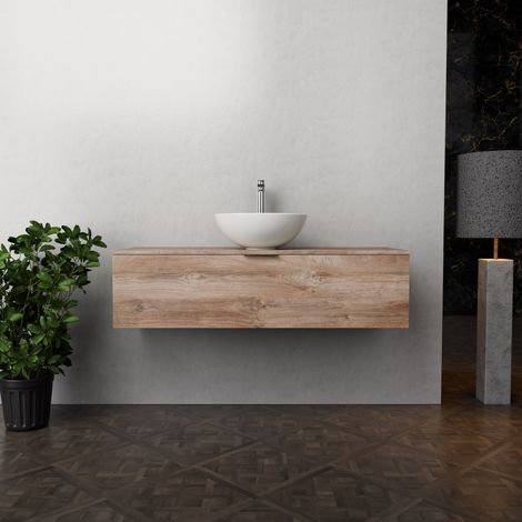 Inda - Badezimmerschrank B.120 mit Aufsatzwaschbecken / Natureiche 1 Schublade - Topazio