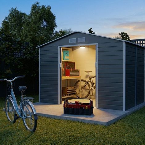 Abri de jardin métal anthracite 4,83 m² + kit d'ancrage + lampe magnétique (1/5)