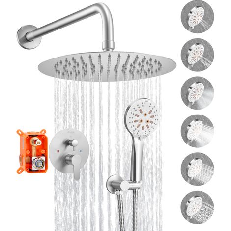 VEVOR Ensemble de Robinetterie de Douche Encastrable, Systeme de Douche de Pluie avec Pommeau de Tete Rond 25,4 cm, Douchette a Main et Kit de Garniture, Fixation Murale, Salle de Bain, Nickel Brosse