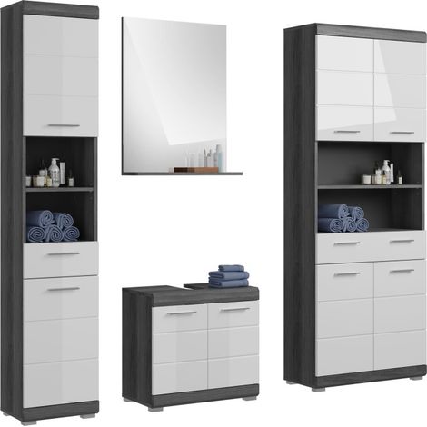 Conjunto para baño SCOTT – Mueble bajo lavabo, columna, espejo y mueble para lavadora – Gris oscuro y blanco (1/5)