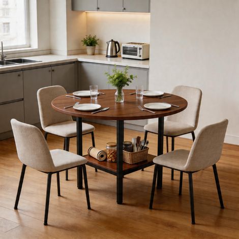 Table de salle à manger ronde 100x77 cm en MDF brun, avec rangement pour cuisine FloraGrace (1/5)