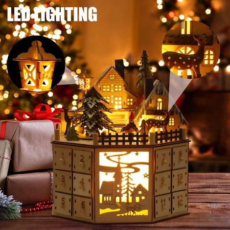 Calendario dell'Avvento in legno 2025 da riempire - Castello magico con illuminazione a LED e carillon musicale - Decorazione natalizia riutilizzabile con 24 scatole - Idea regalo per adulti (1) (1/4)