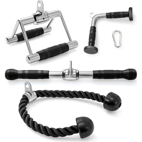 GOPLUS Kit de 4 Accessoires de Machine à Câble de Musculation, Corde Triceps, Poignée Double ‘D’, Poignée ‘V’, Barre Rotative Droite (1/5)