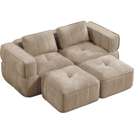 Modulares 2-Sitzer Sofa mit 2 Hockern, Tiefer Sitzfläche, Breiten Armlehnen und Rahmenlosem Design, Polyester, Sand (1/5)