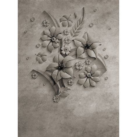 Papier peint panoramique 3D fleuri effet béton | Tapisserie panoramique grise motif fleur en relief | Papier peint panoramique salon & couloir - 192 X 260 cm (4 pièces) (1/2)