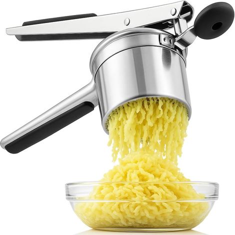 Prensa para patatas de acero inoxidable con mango de silicona, base fija de 3,5 cm, tamaño grande, manual (plateada) (1/5)