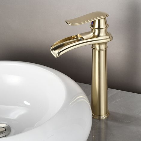 Massive Messing-Waschbeckenmischer, eleganter europäischer Stil für Aufsatzwaschbecken, hohe Ausführung mit enthaltenen Zulaufschläuchen, gebürstete Goldfinish, Badezimmer-lsw