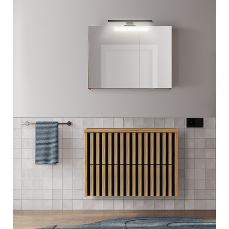 Badmöbel Set in Eiche Nb. mit Lamellenfronten LUCCA-107 LED-Spiegelschrank, 80 cm Waschbeckenunterschrank, B/H/T: ca. 81/200/45,5 cm (1/5)
