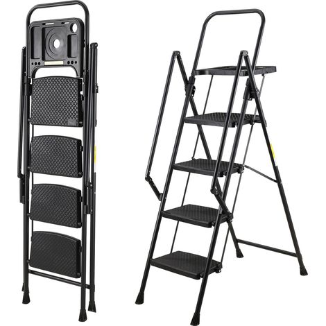 Escabeau pliant 4 marches en acier noir avec main courante, pédales antidérapantes, plateau porte-outils amovible, rangement gain de place CHICFURN (1/5)