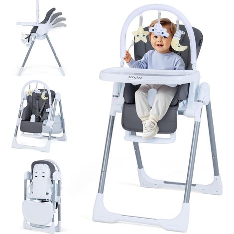 COSTWAY Seggiolone Pappa Portatile, con Altezza Regolabile, Schienale Reclinabile e Vassoio Rimovibile, Seggiolone Evolutivo Pieghevole con Cintura e 2 Ruote, per Bambini 6-36 Mesi (Grigio Scuro)