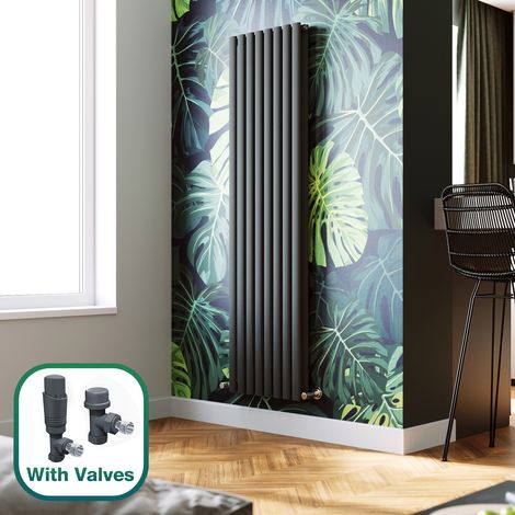 ELEGANT 1800 x 480 mm Anthracite Modern Double Oval Panel Designer Radiator Vertical Rads Compatible With All Heating Systems + Anthracite Thermostatic Radiator Valves (1/5)