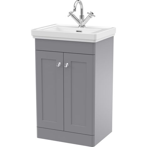 Balterley Swynnerton Traditional Bathroom Floor Standing 2-Door Vanity Unit & Fireclay Basin, Satin Grey, 500mm