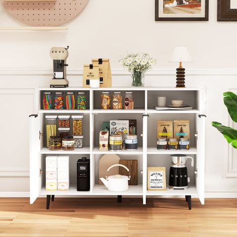 Buffet Meuble de Rangement avec Etagères Réglables à 5 Positions Meuble de Bar à Café avec 3 Compartiments Ouverts et Portes Blanc (1/3)