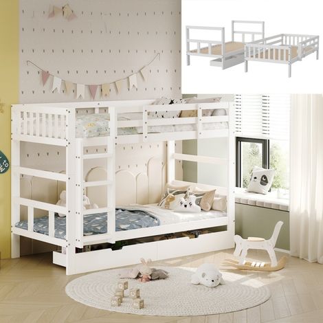 Letto a castello 90x200 cm, letto per bambini in legno massello con scala e 2 cassetti di stoccaggio, convertibile in 2 letti singoli - Bianco