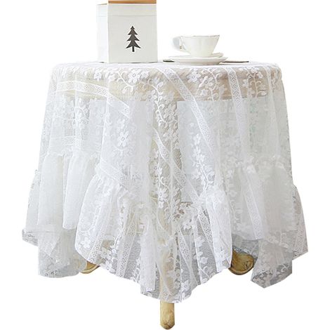Nappe En Dentelle - Pour Table Ronde Café Ou Latérale - Blanc - 140 Cm De Diamètre - Finition Volants - 1 Pièce (1/5)