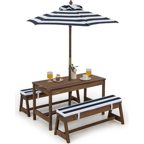Goplus – Table enfant en bois sapin avec parasol – Ensemble 4 places pour jardin, terrasse, patio – Coussins confortables – Protection UV