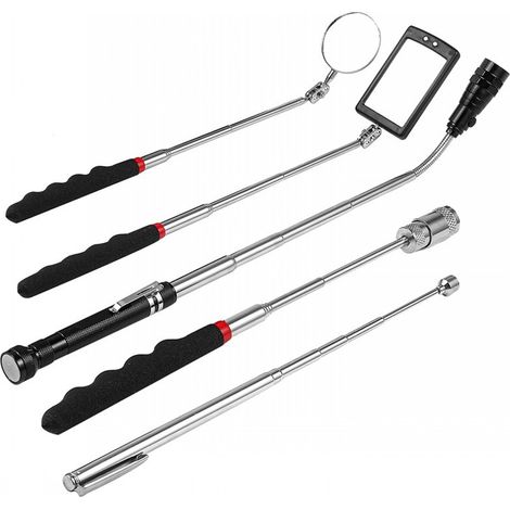Outil de ramassage télescopique magnétique 5 pièces, kit d'outils extensible avec lumière LED, y compris 15 lb/1 lb/miroir d'inspection rond/carré/poignée télescopique pivotant à 360° pour la vue et l (1/2)