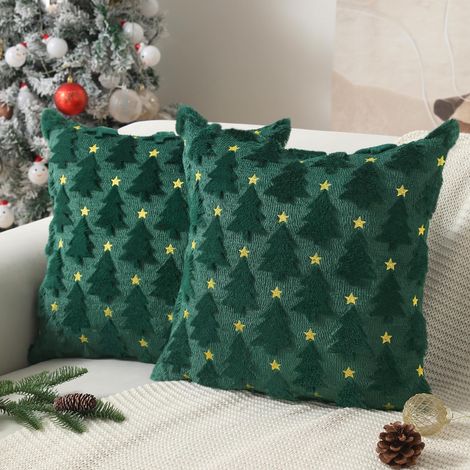 Housses de Coussin de Noël 18 x 18 pouces, lot de 2 housses de coussin vert foncé motif sapin de Noël. Décorations en fausse fourrure pelucheuse, étui à coussin doux pour les vacances d'hiver de Noël (1/4)